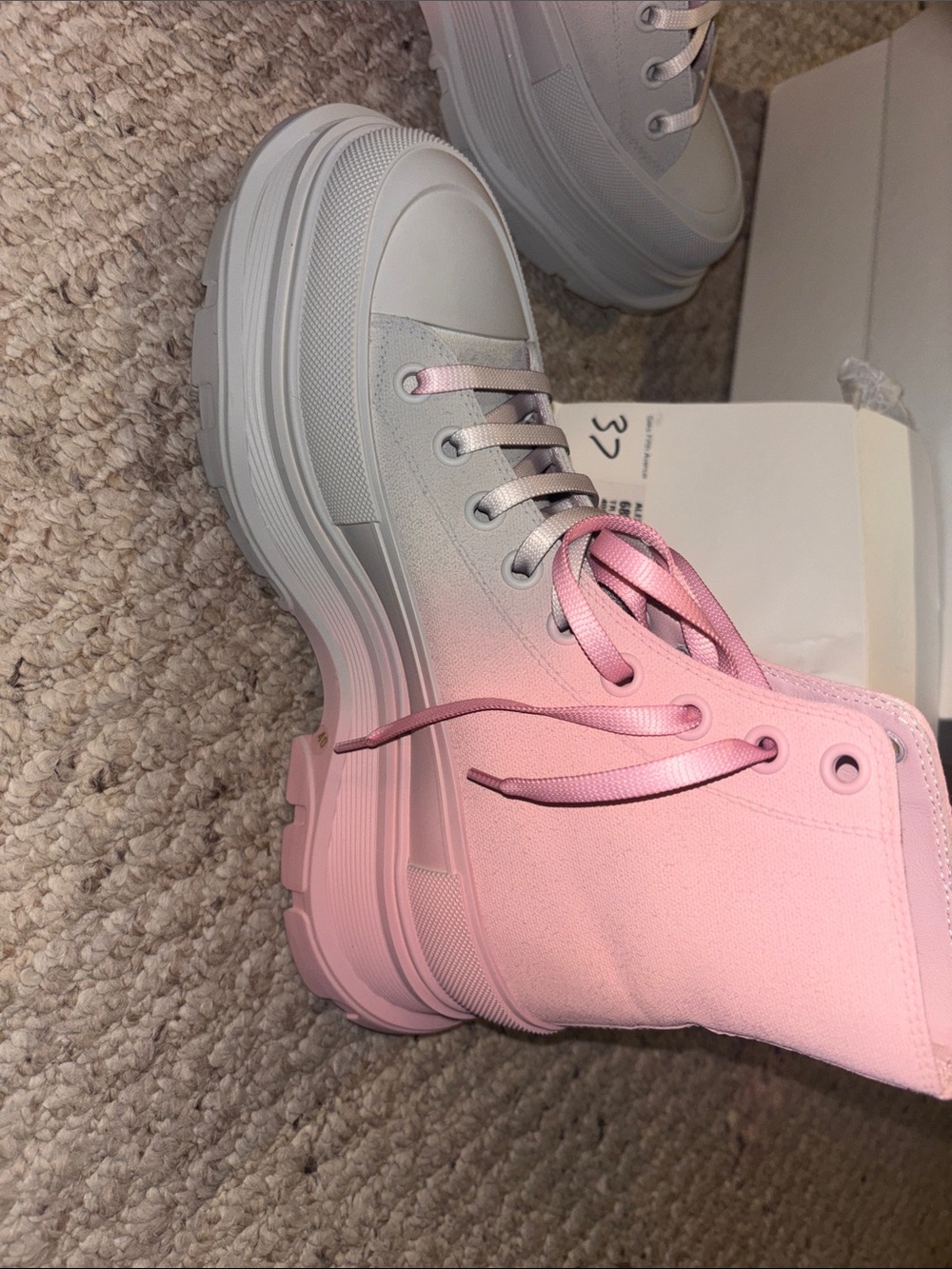 Alexander McQueen Pink and White Lace-Up High-Top Platform Boots - Picture 3 of 5